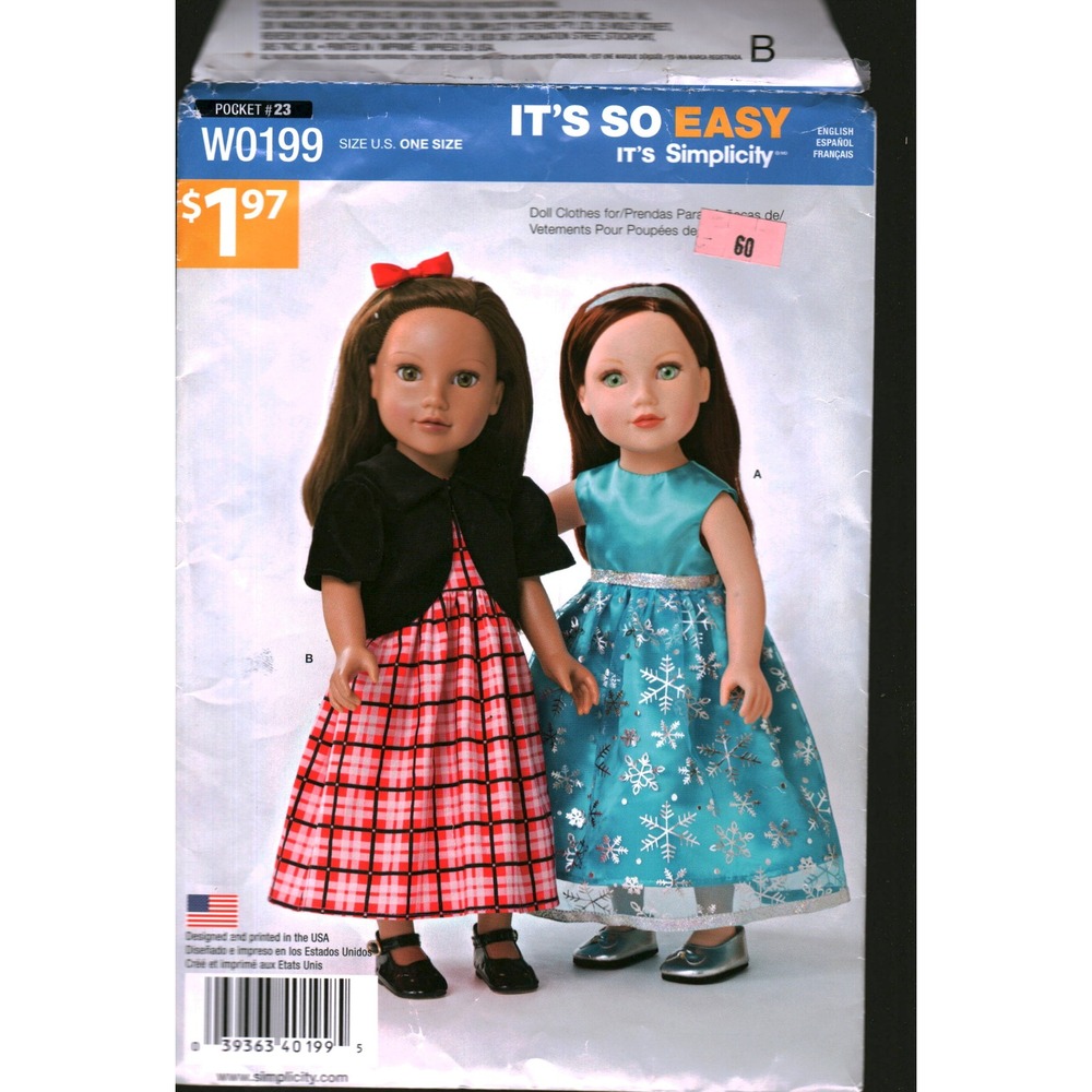 Simplicity W0199 18 Inch Doll Clothes Sewing Pattern Dress Jacket It's So Easy